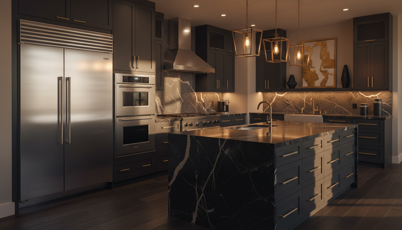 Luxury Thermador kitchen with premium appliances and warm cinematic lighting