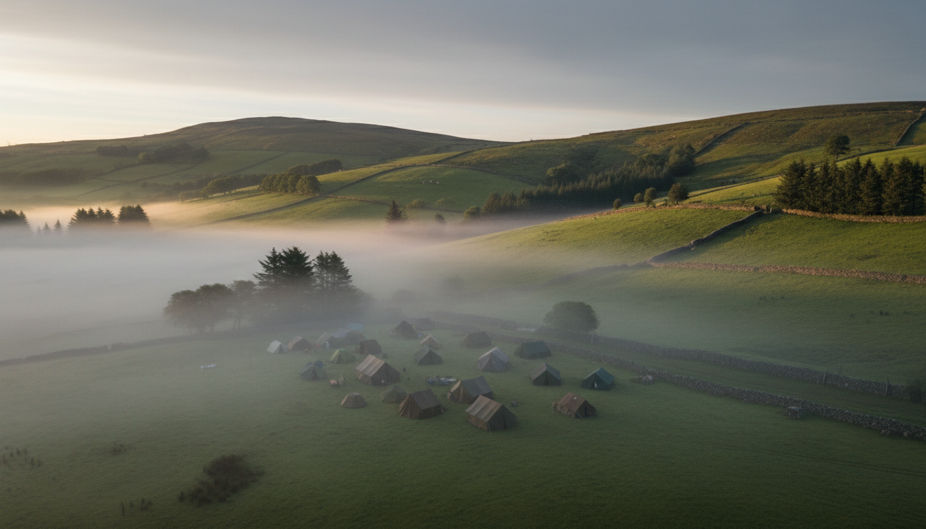Aerial view of scout campsite in a Manx glen