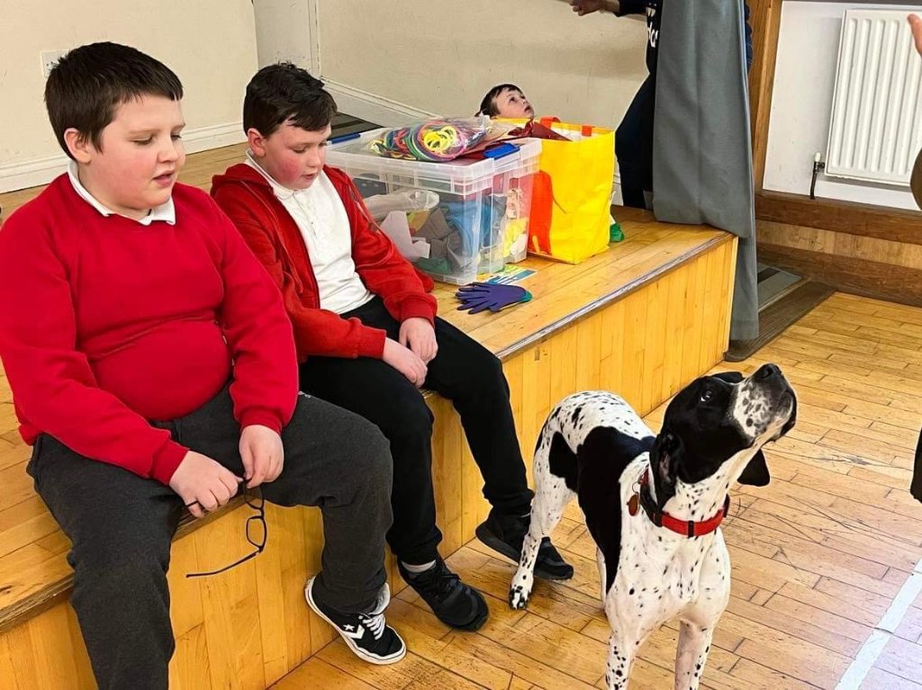 Scouts with a dog at a meeting