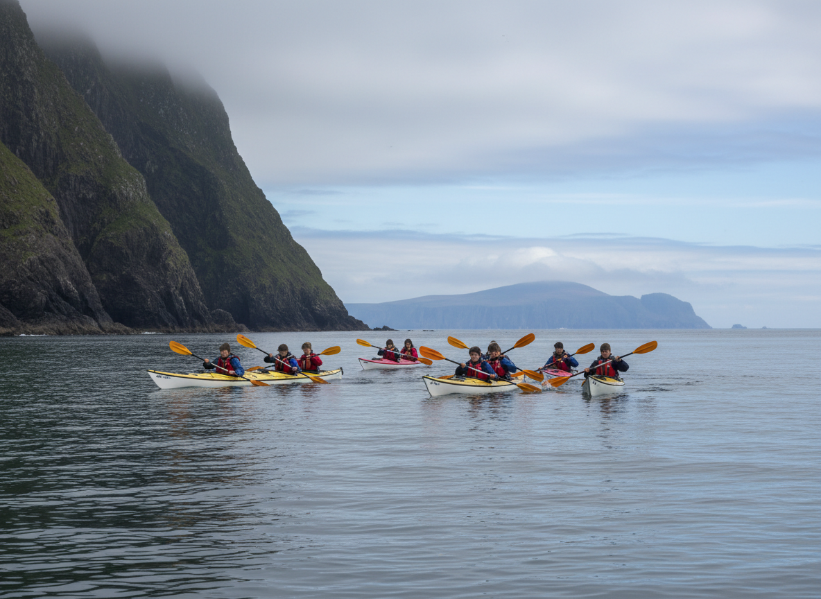 Scouts kayaking on coastal waters