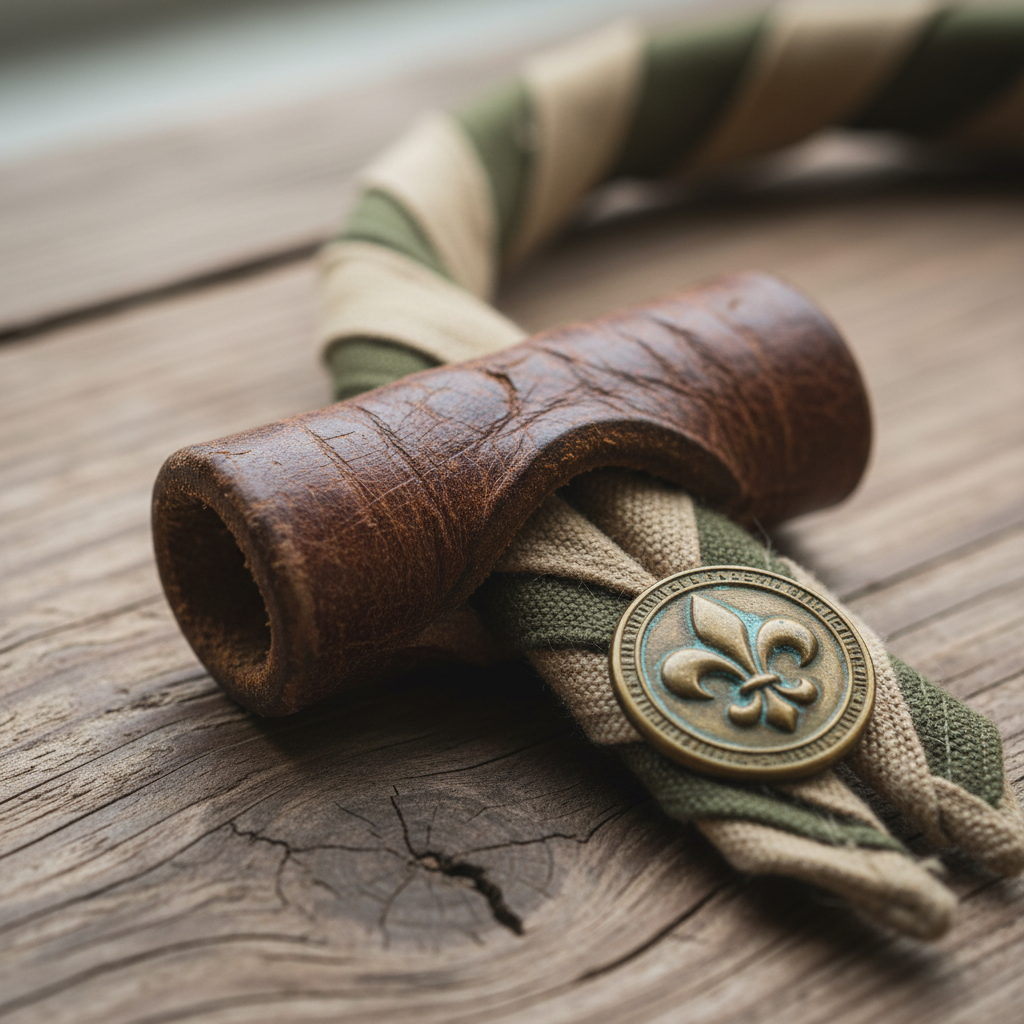 Scout heritage — weathered leather woggle close-up