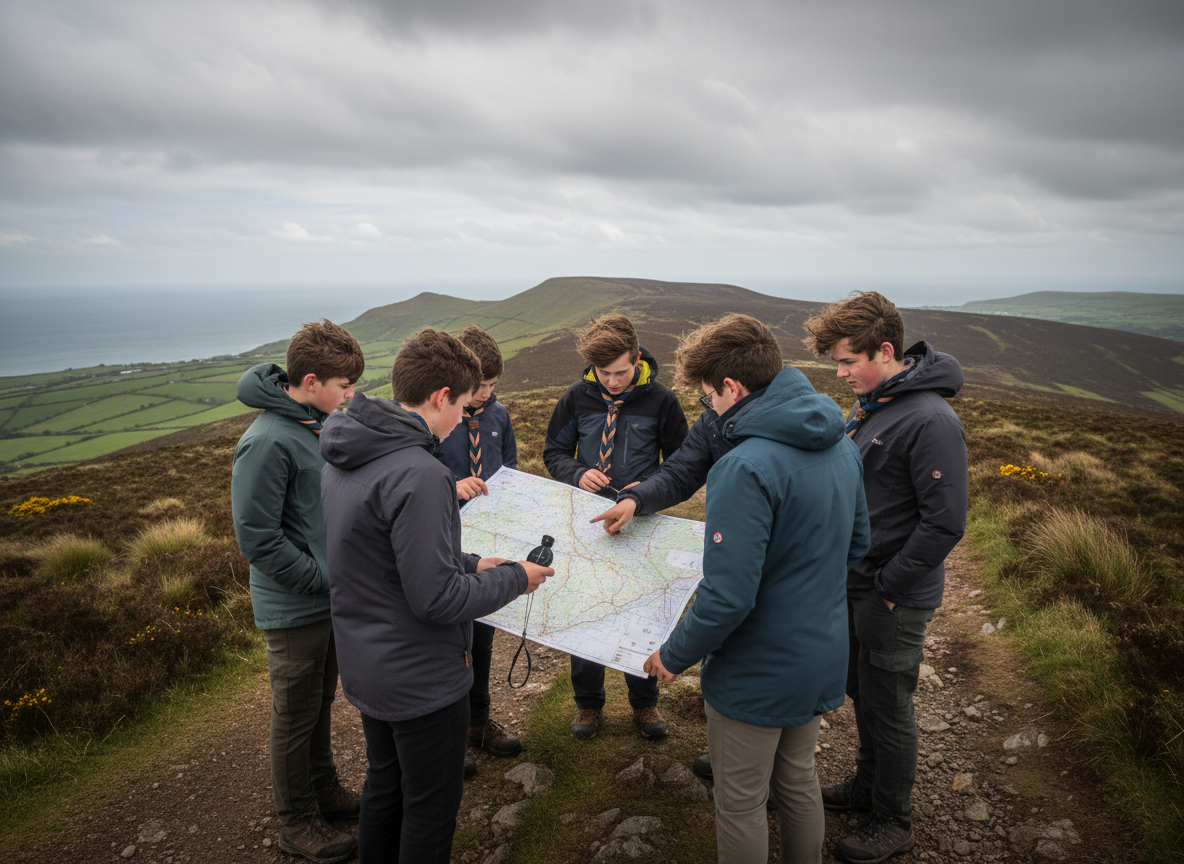 Scouts navigating with map and compass
