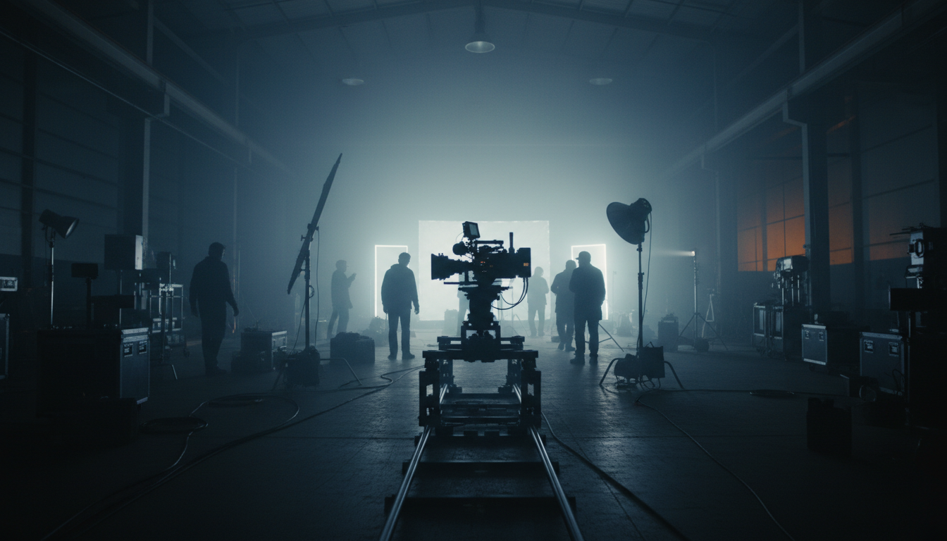 Professional film set with crew silhouettes