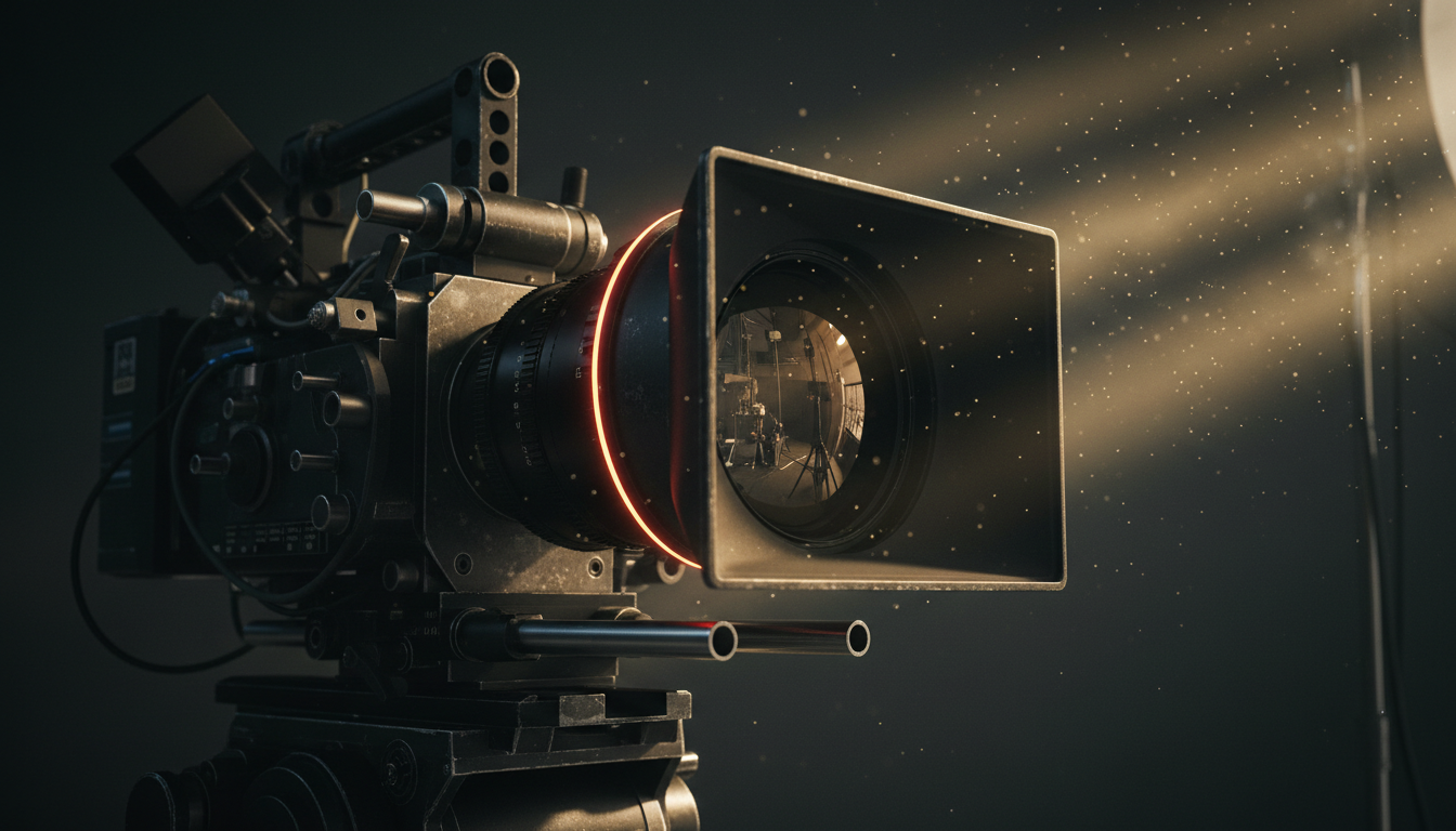 Cinematic anamorphic lens on film set
