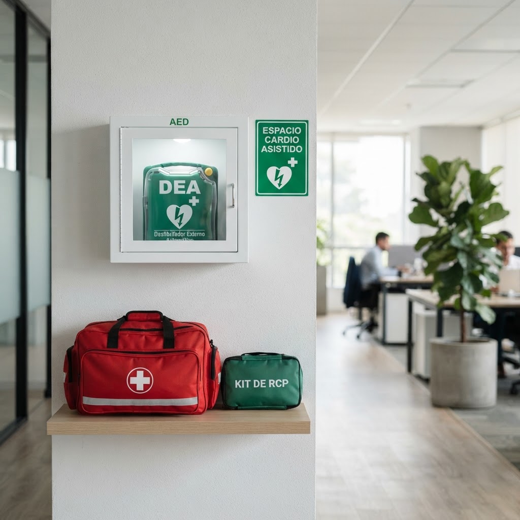 Espacio Cardio Asistido — gabinete DEA y kit de emergencia