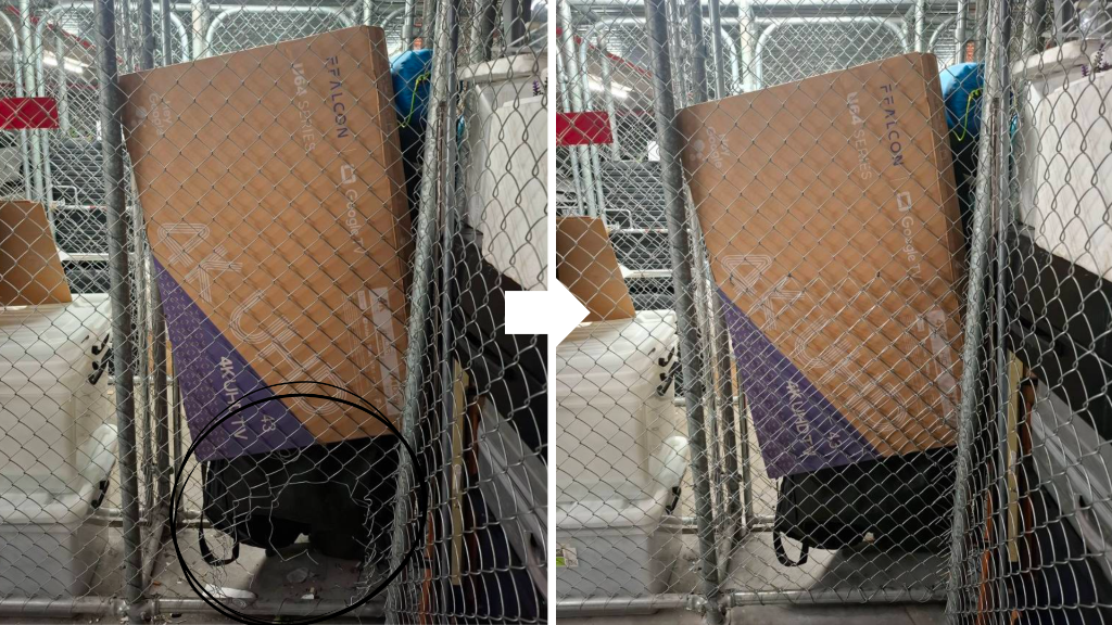 Before and after of a damaged storage cage wire mesh panel repaired with galvanised mesh