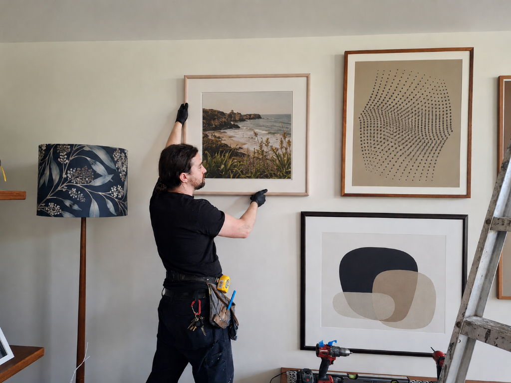 Framed artworks and pictures professionally installed and levelled on a clean wall