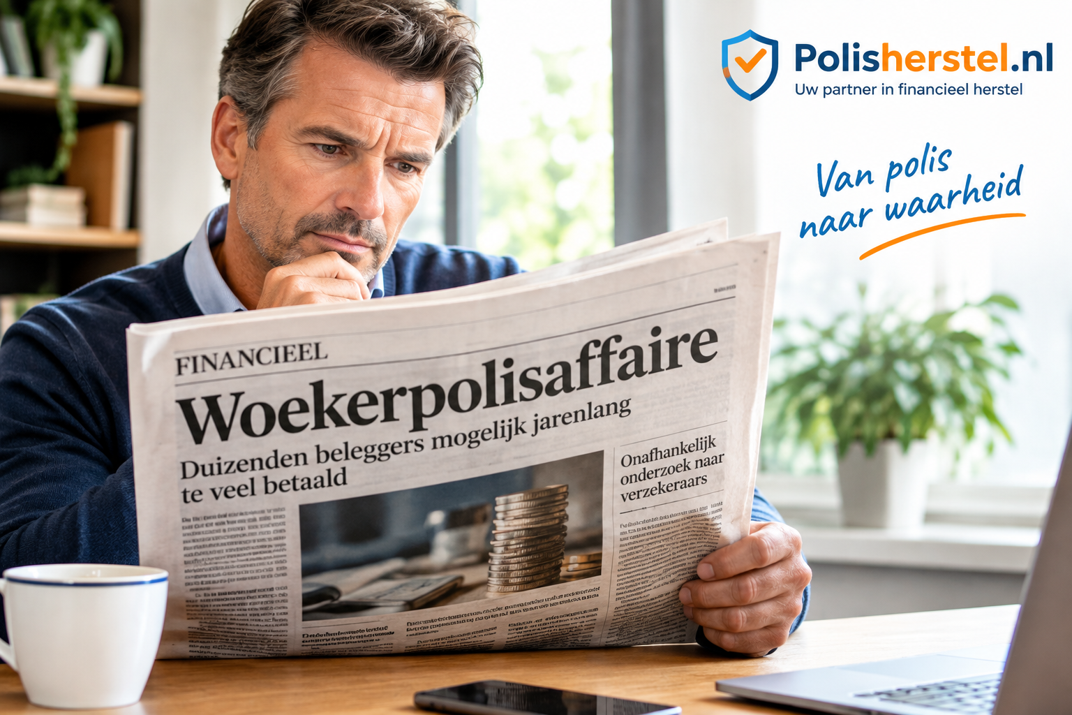 Man leest krant met nieuws over de woekerpolisaffaire
