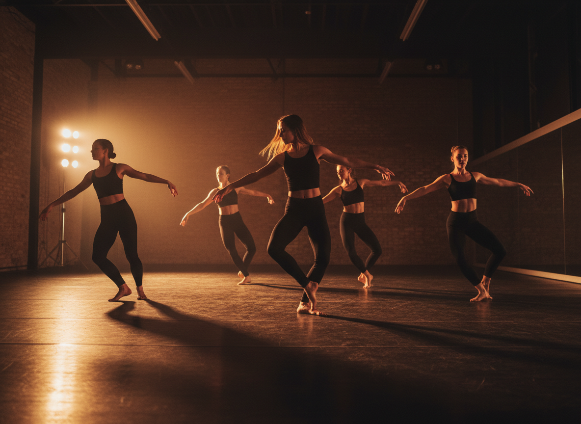 Modern dancers performing choreography in studio