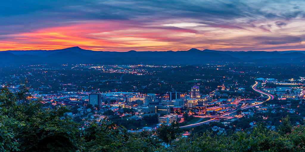 Roanoke city skyline at sunset
