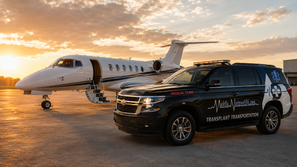 MN24 aircraft and ground vehicle at sunset