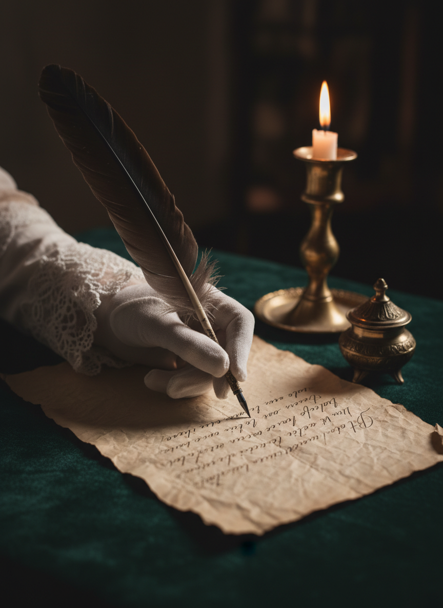 A quill pen poised over a handwritten letter in candlelight