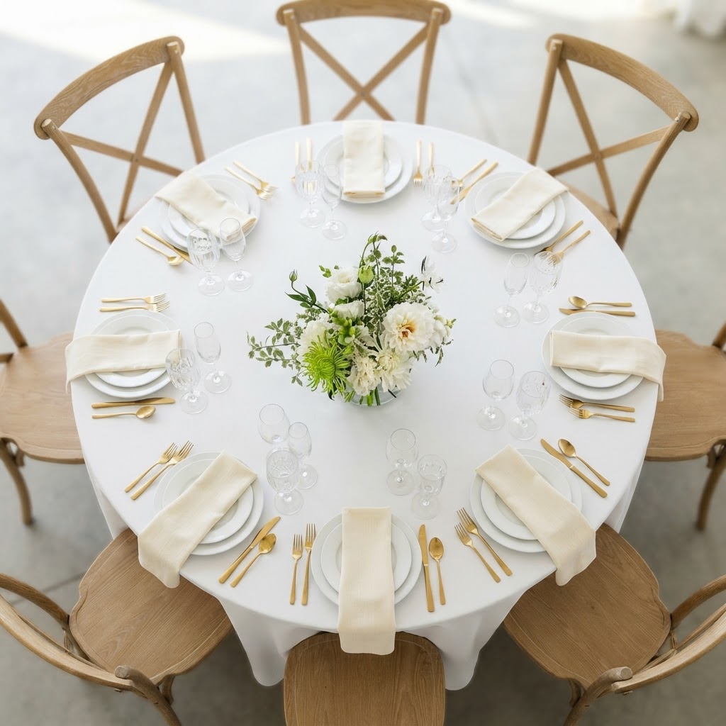 Top-down view of a round wedding table with a centred white-and-green centrepiece