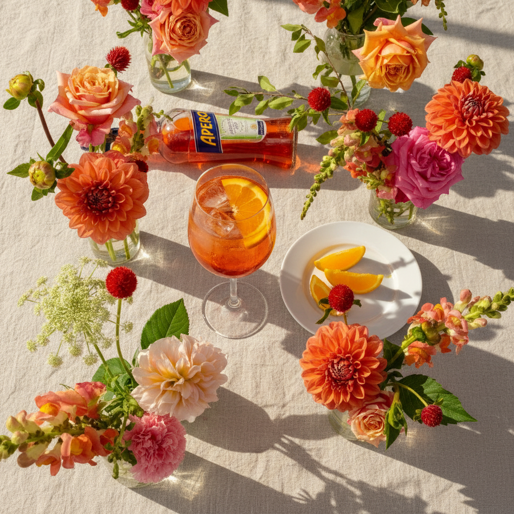 Loose bright mixed-flower arrangements on a white table with Aperol — a Little Big Day gathering
