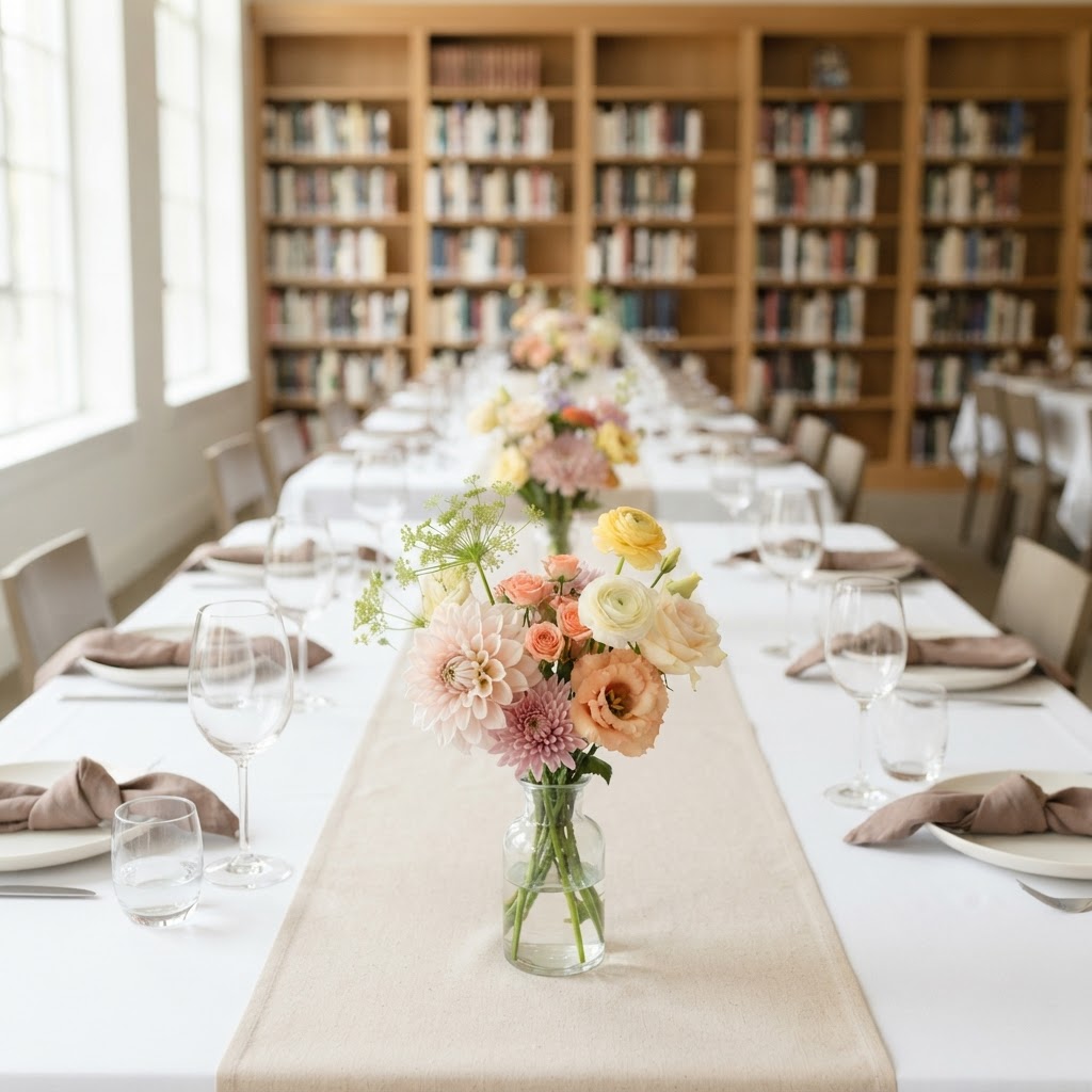 A long dinner table set with flowers and candles inside a cozy bookshop lined with wooden bookshelves