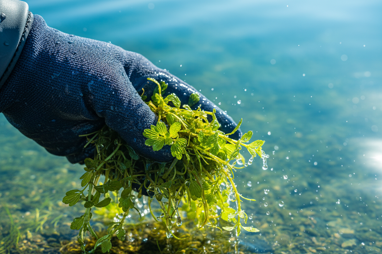 Close-up of hydrilla being removed from clear water