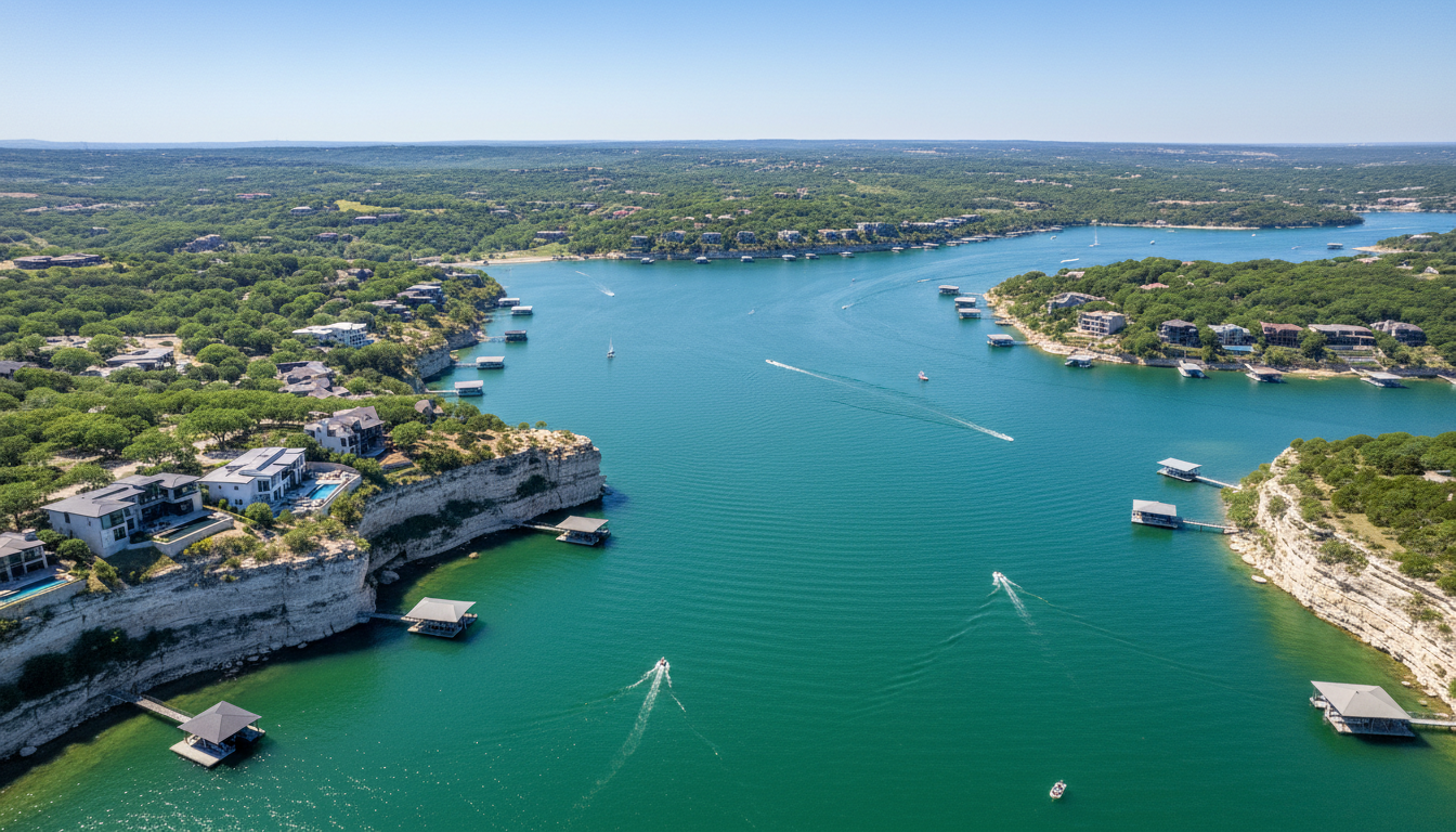 Aerial view of Lake Travis near Austin Texas