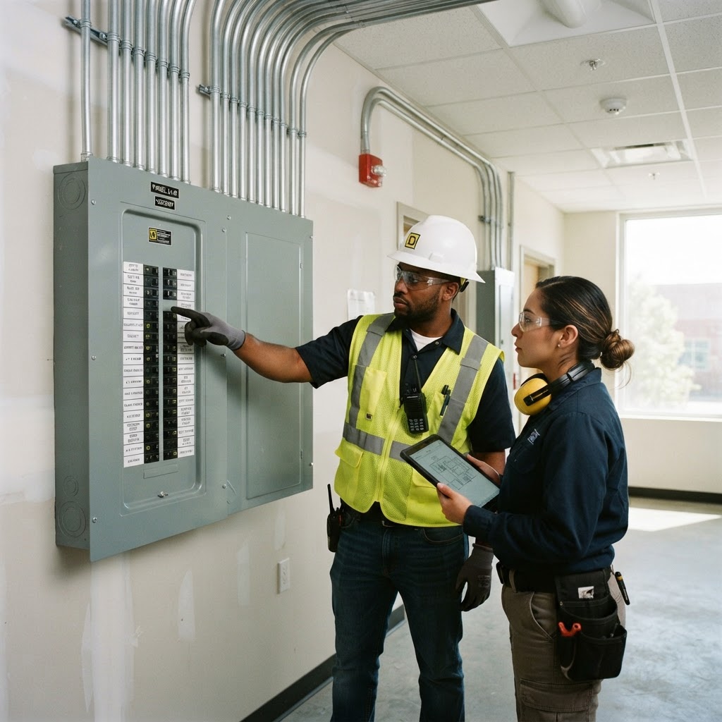 Diverse crew reviewing a finished commercial electrical panel
