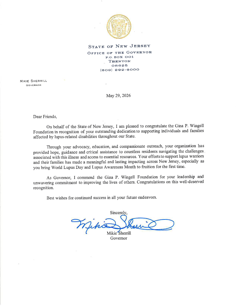 Letter from New Jersey Governor Mikie Sherrill recognizing the Gina P. Wingell Foundation
