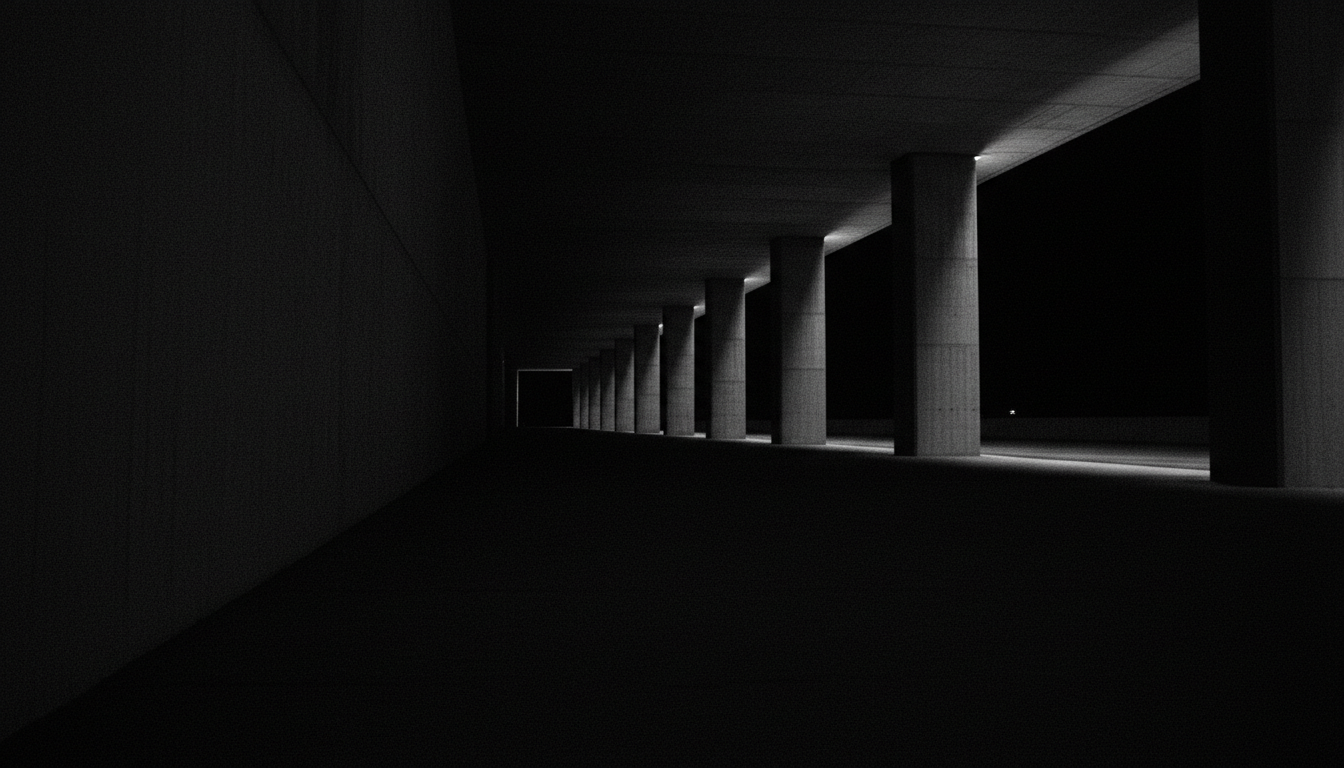 Cinematic brutalist architecture in dramatic noir lighting