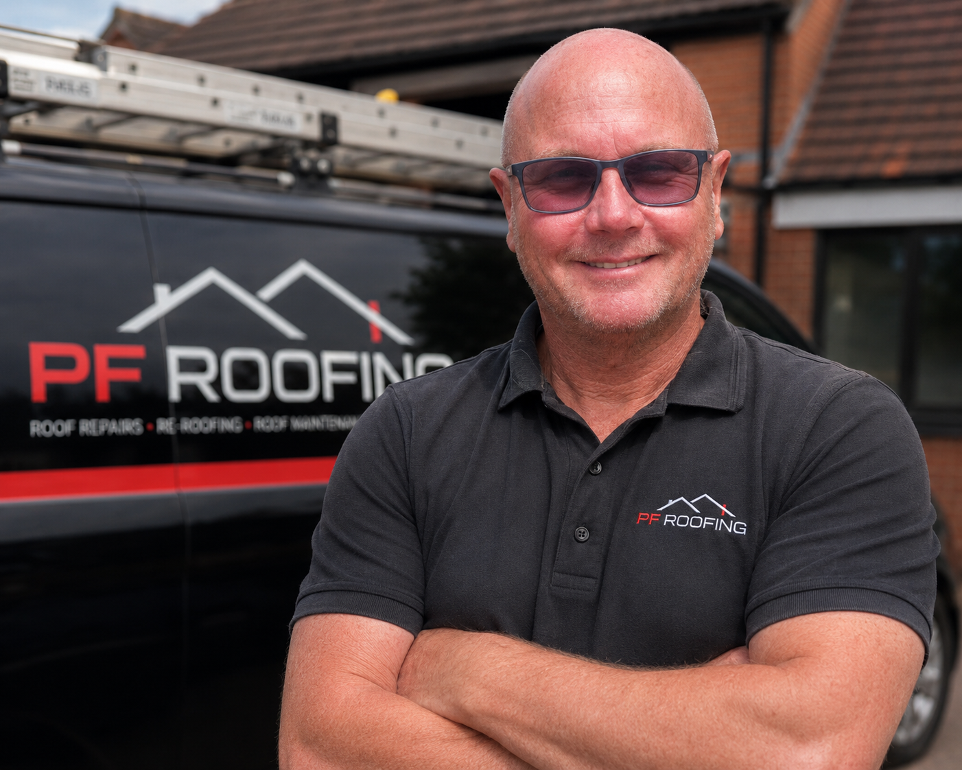 Paul Field, founder of PF Roofing, standing beside the PF Roofing van