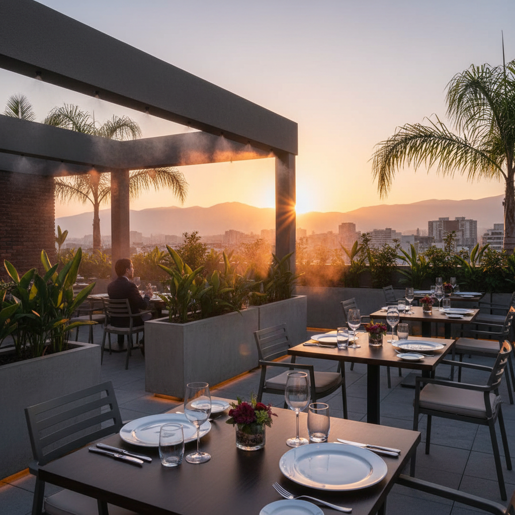 Terraza de restaurante premium en Santiago con sistema de enfriamiento Optimist