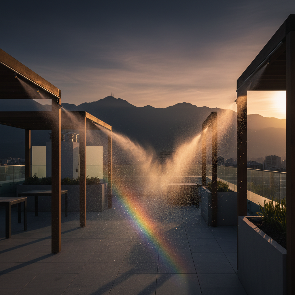 Terraza premium con sistema de microaspersión Optimist al atardecer en Santiago
