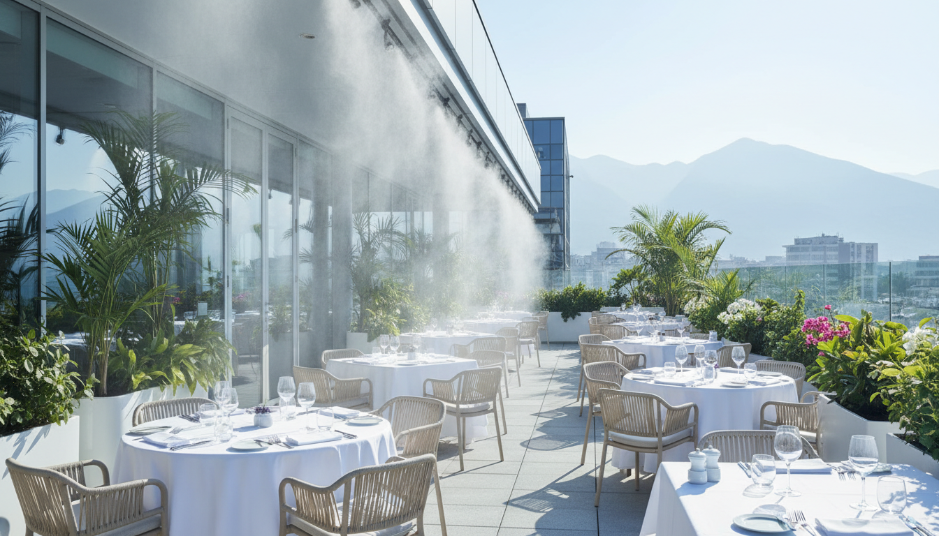 Terraza de restaurante premium en Santiago con sistema de nebulización Optimist