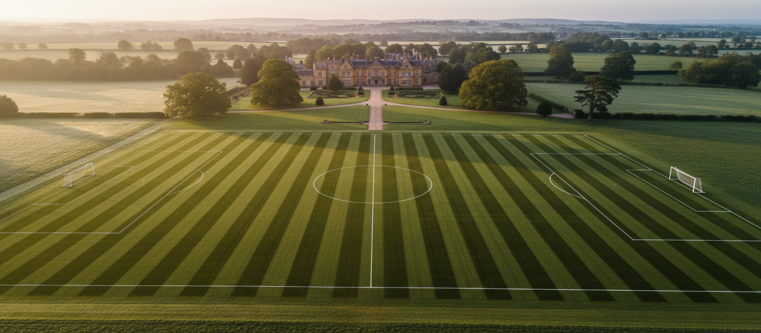 Aerial view of perfectly striped sports pitch at golden hour