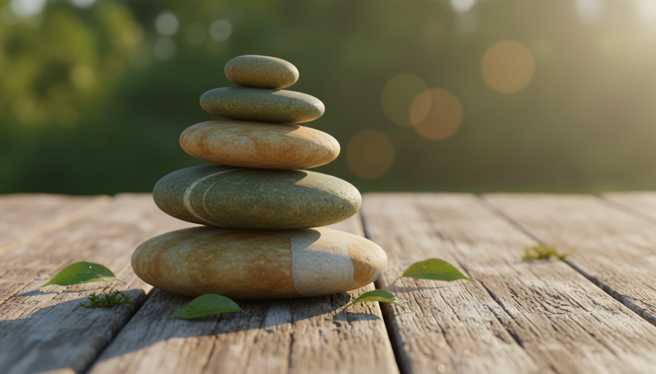 Smooth river stones in balanced cairn with soft light, symbolizing balance and grounding