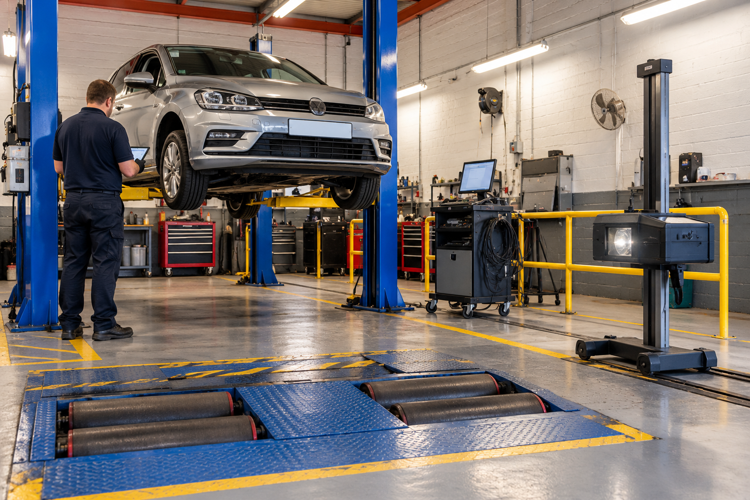 Class 4 MOT testing bay at J&P Autos, Penarth Road, Cardiff