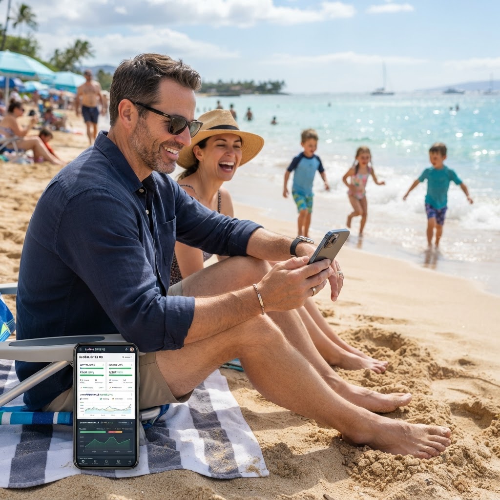 Gestore che controlla i locali dal telefono in spiaggia
