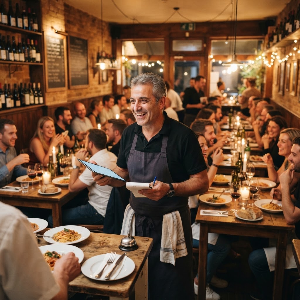 Cameriere sorridente che riceve e gestisce comande in un ristorante