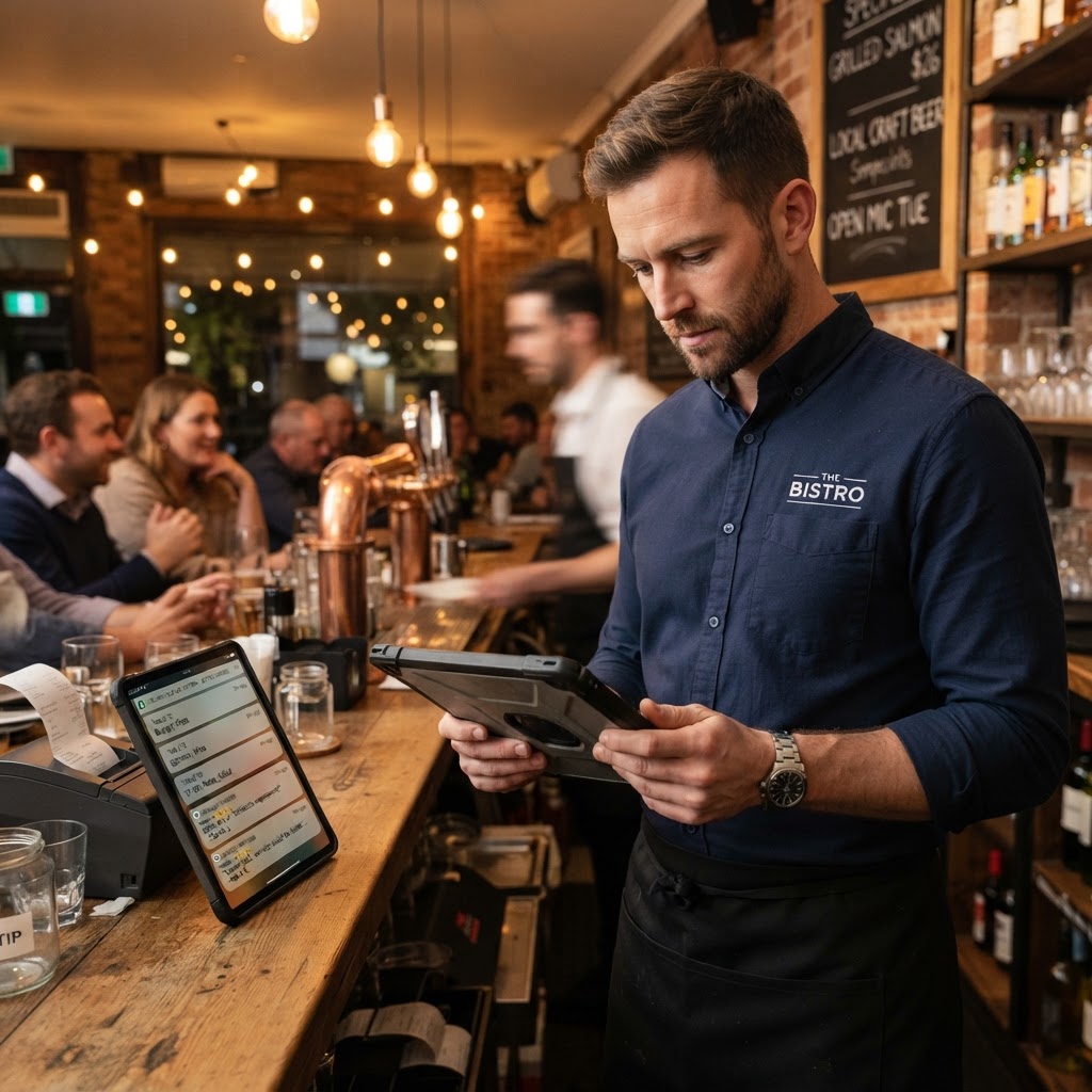 Cameriere che guarda comande e recensioni su un tablet