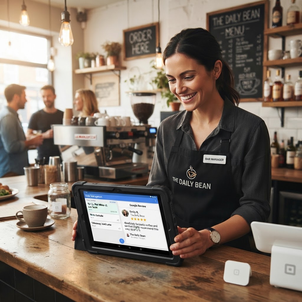 Gestore al bancone del bar che guarda comande e recensioni su un tablet
