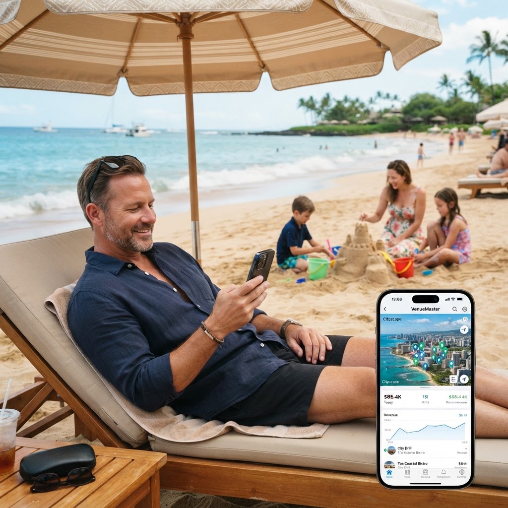 Gestore in spiaggia con la famiglia che controlla i locali dal telefono