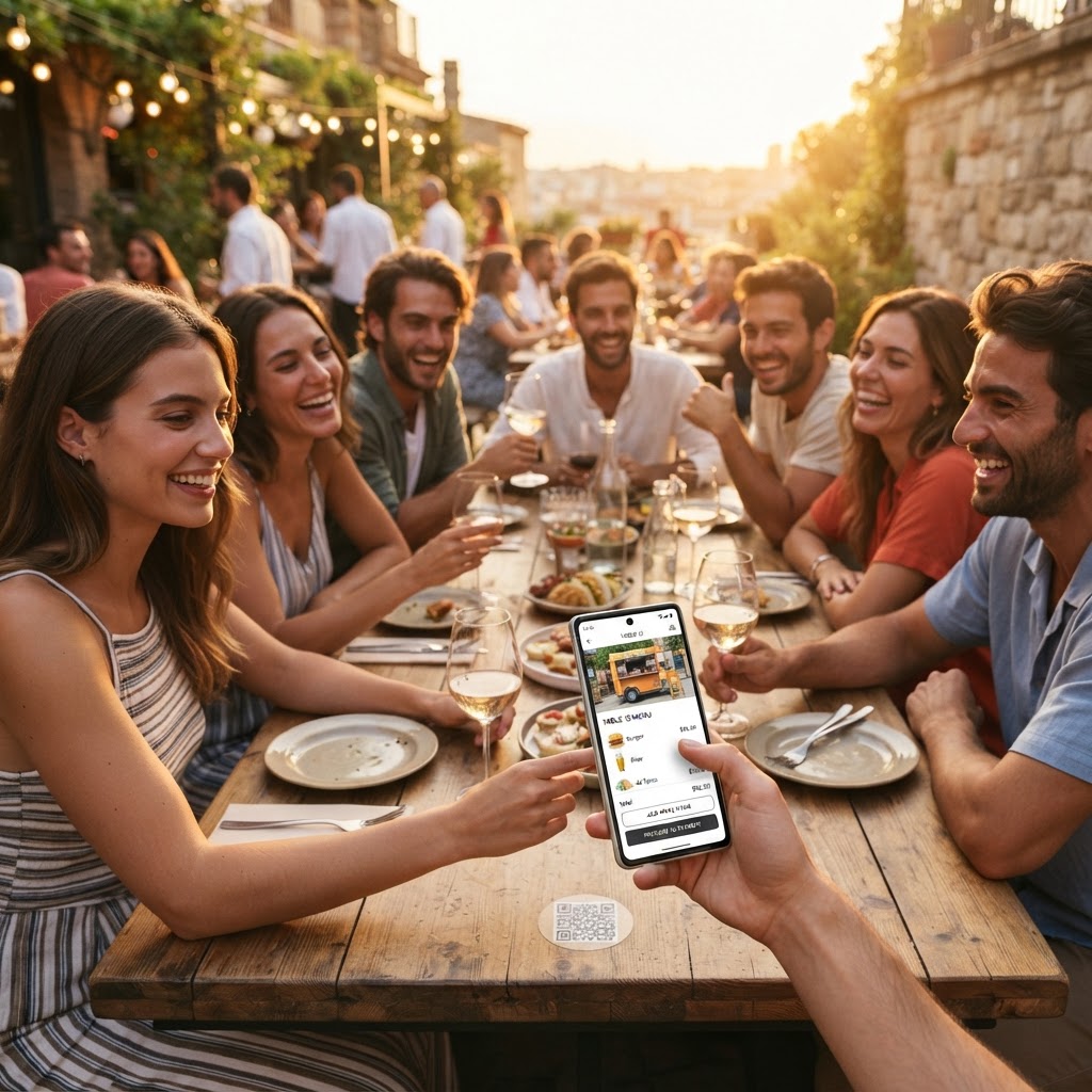 Gruppo di amici in terrazza che ordina dal QR al tramonto