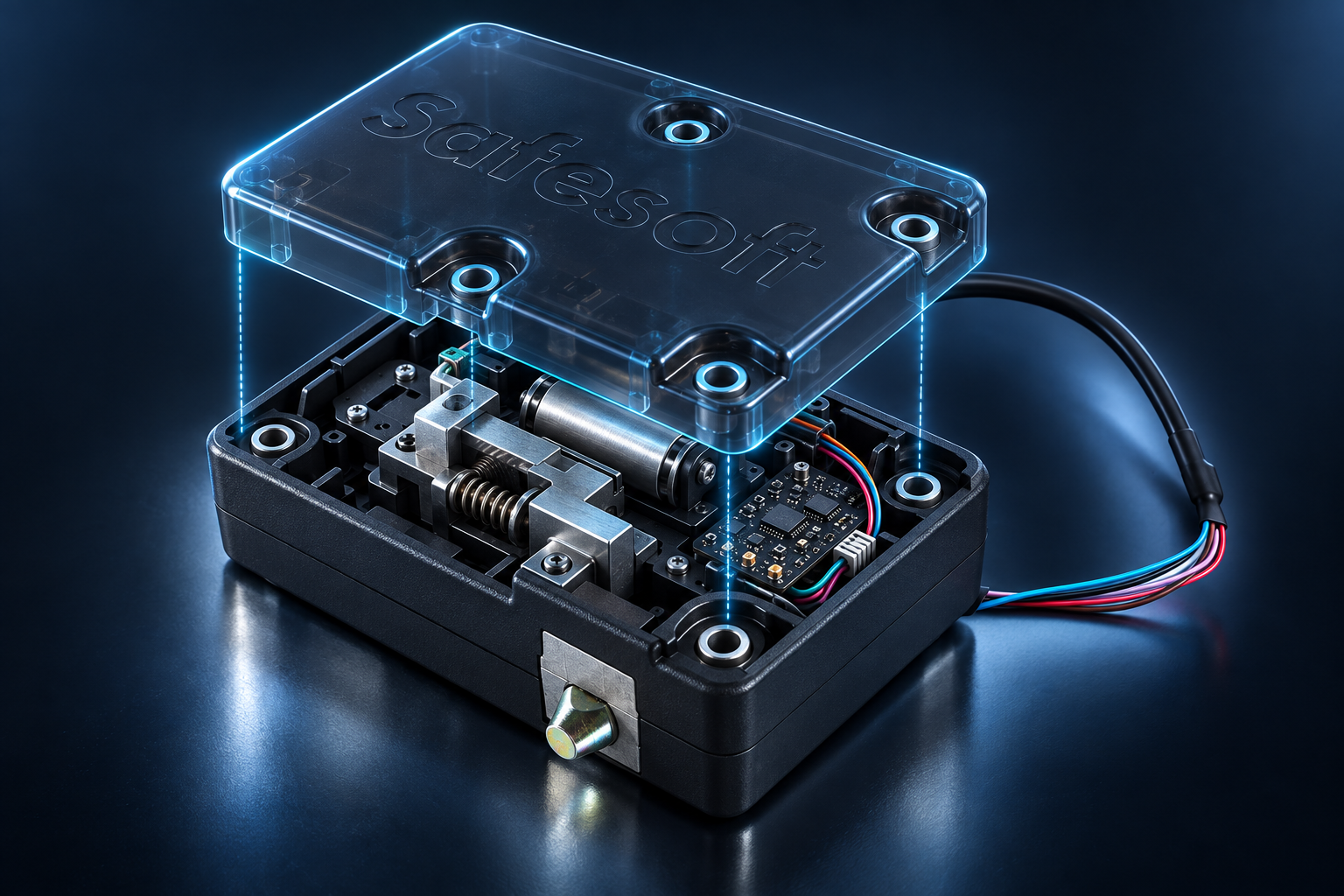Exploded technical view of the internal electronic van door lock mechanism