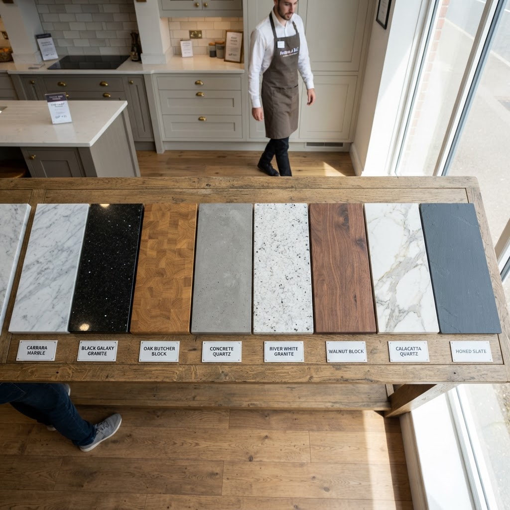 Kitchen worktop materials on display