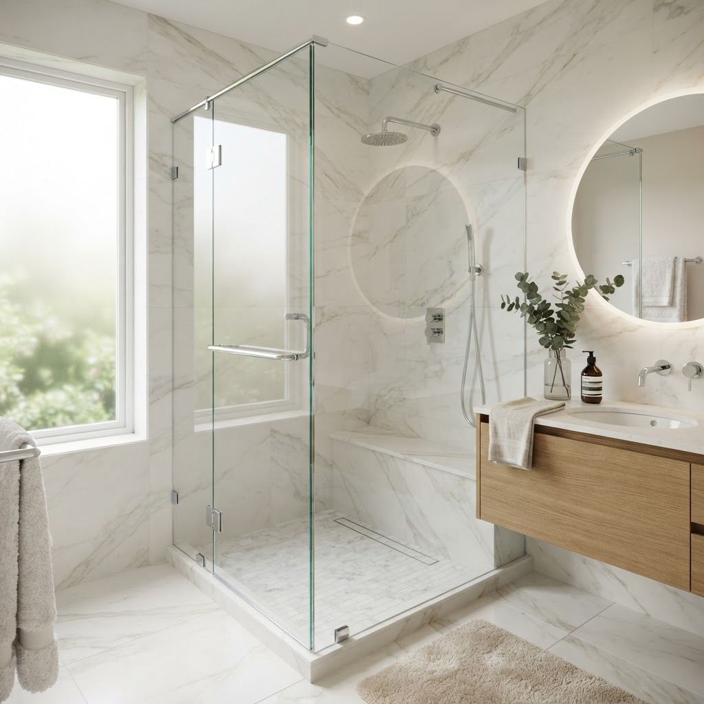 Modern frameless glass shower enclosure