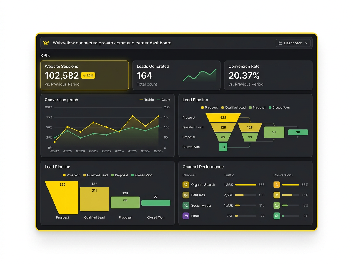 WebYellow performance console showing growth KPIs, conversion trends, lead pipeline, and channel performance
