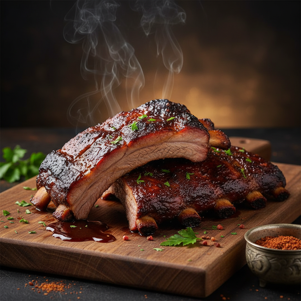 Slow-smoked BBQ ribs on a cutting board