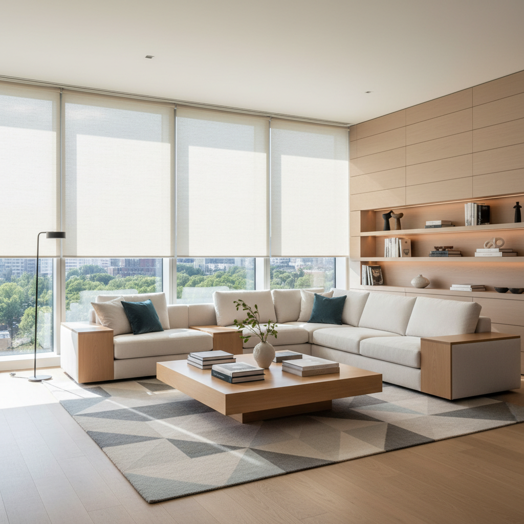 Modern living room with elegant roller shades on large windows