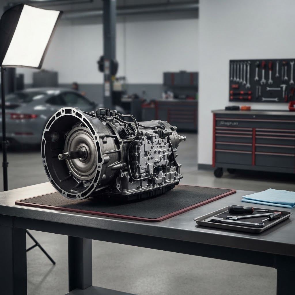 Precision transmission gearbox in a professional automotive service bay