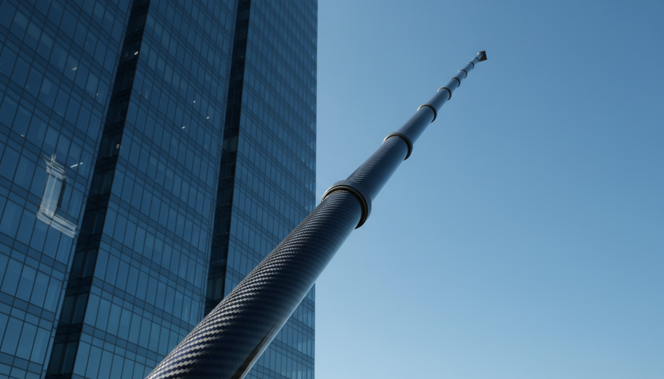 Carbon fibre pole reaching toward a glass skyscraper