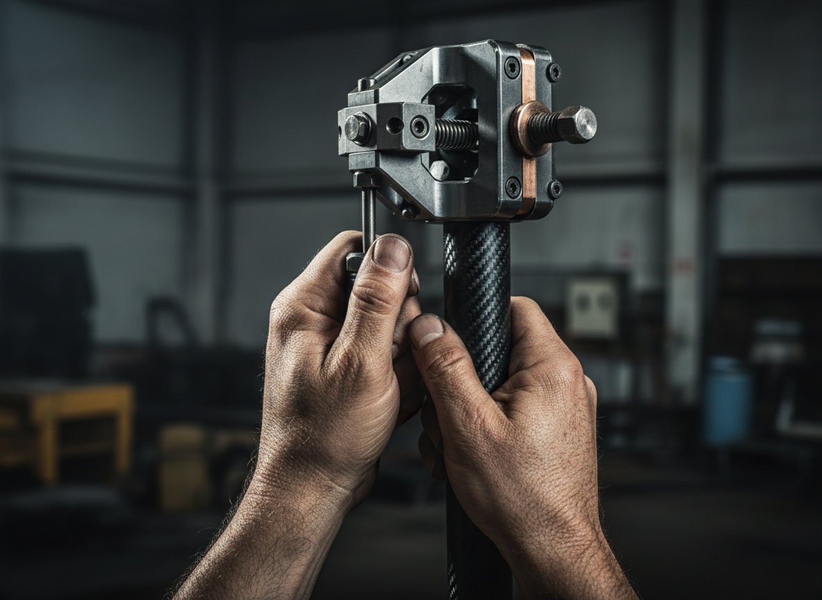 Professional hands gripping the carbon fibre pole with clamp detail