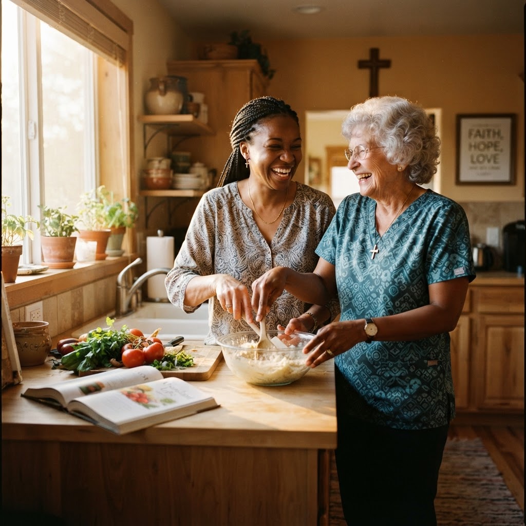 Caregiver sharing a warm moment with a client in a sunlit living room