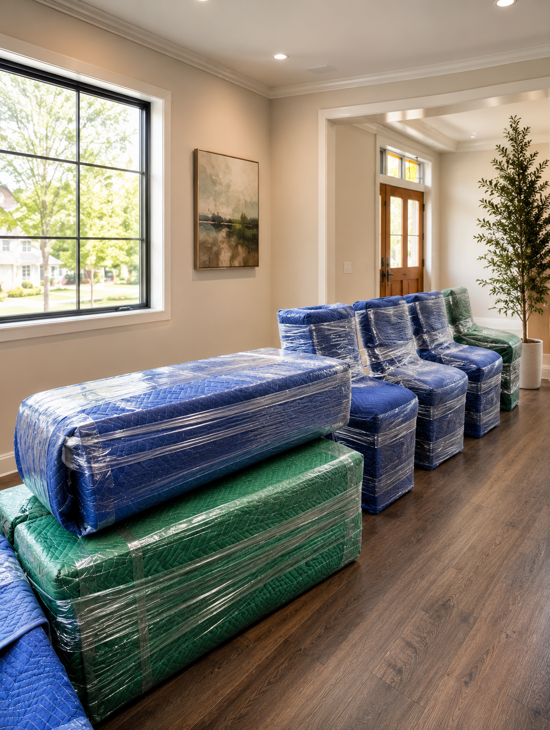 Furniture wrapped in protective moving blankets