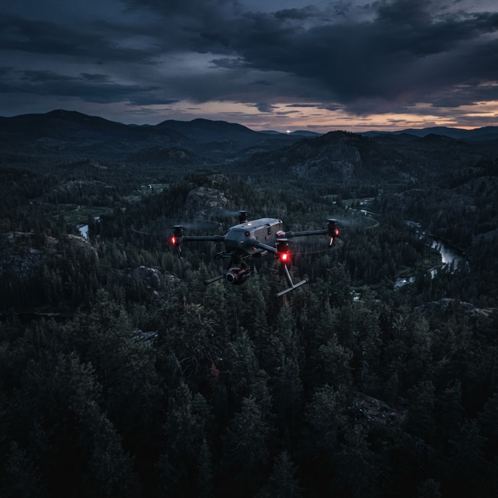 Aerial view of search-and-rescue drone over rugged terrain at dusk
