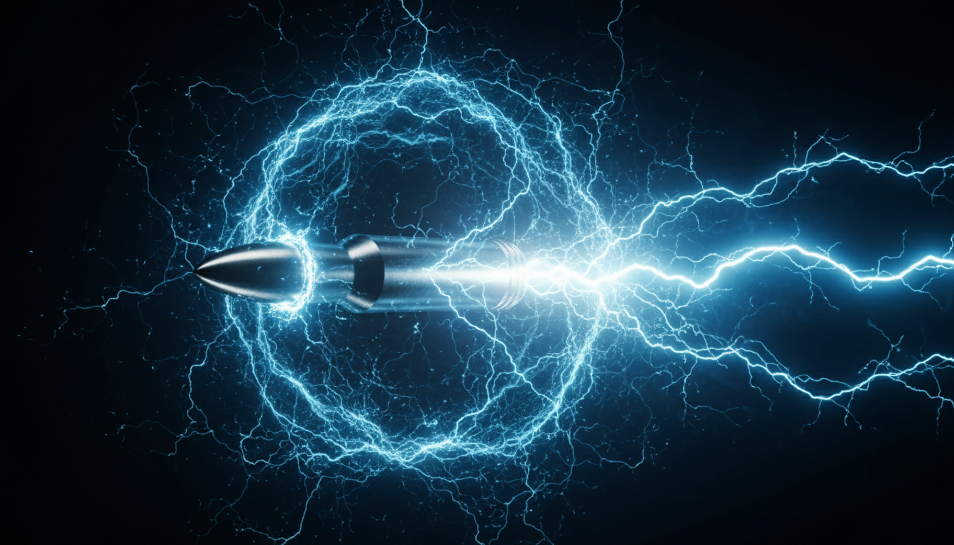 Bullet passing through electromagnetic field with blue static arcs